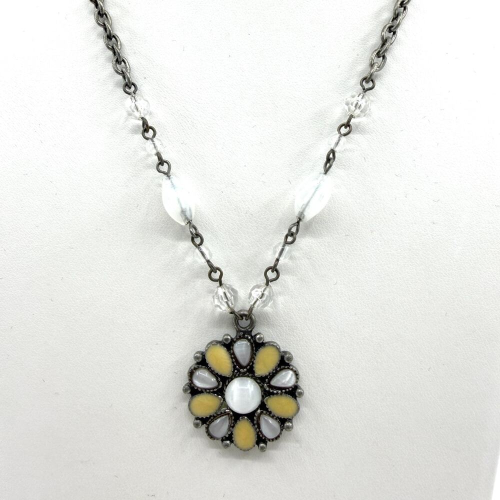 Floral Pendant Necklace Yellow White Cabochon Boho Statement Cottagecore Jewelry